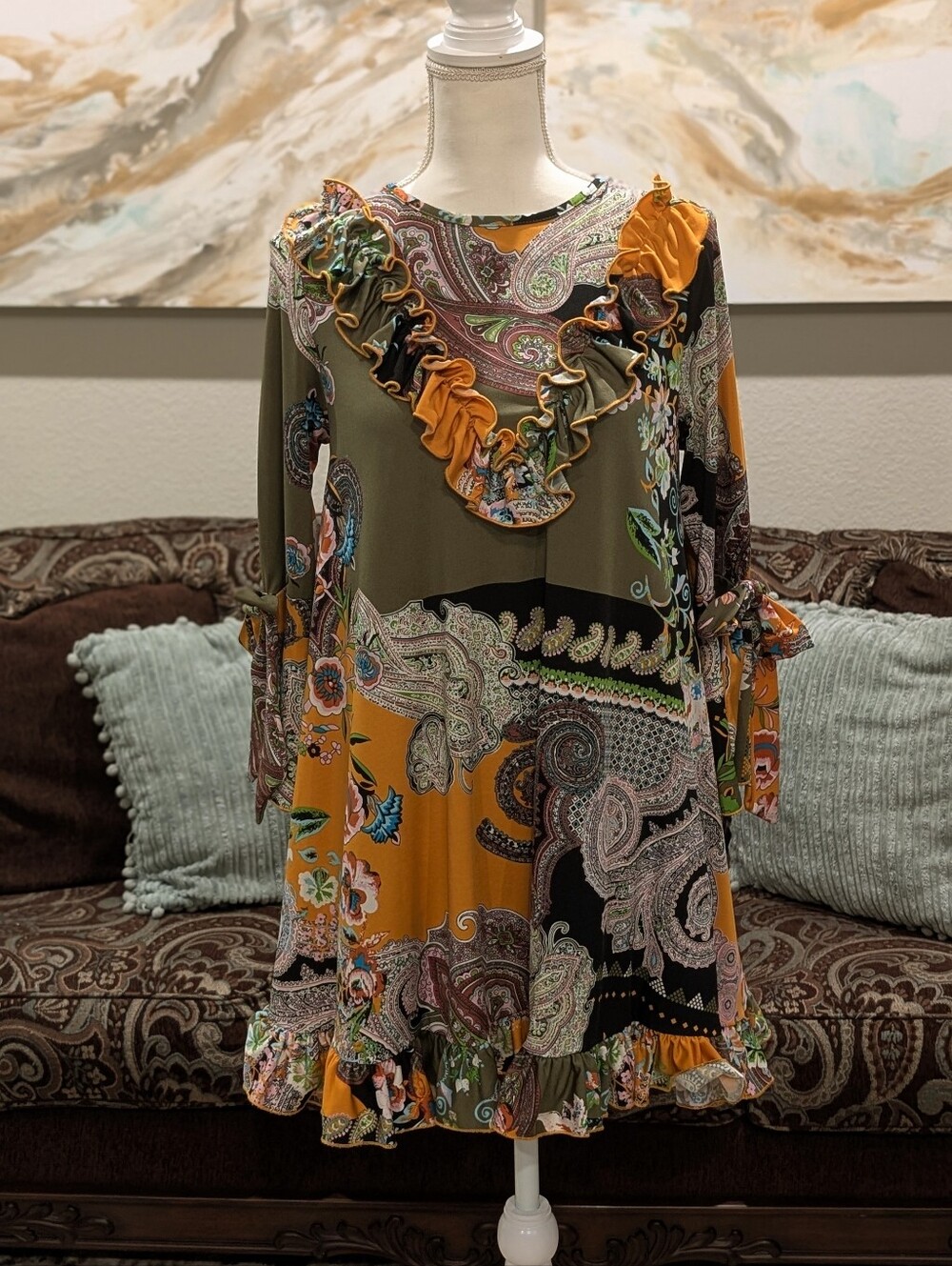Ruffled Paisley Print Long-Sleeve Top in Olive & Mustard